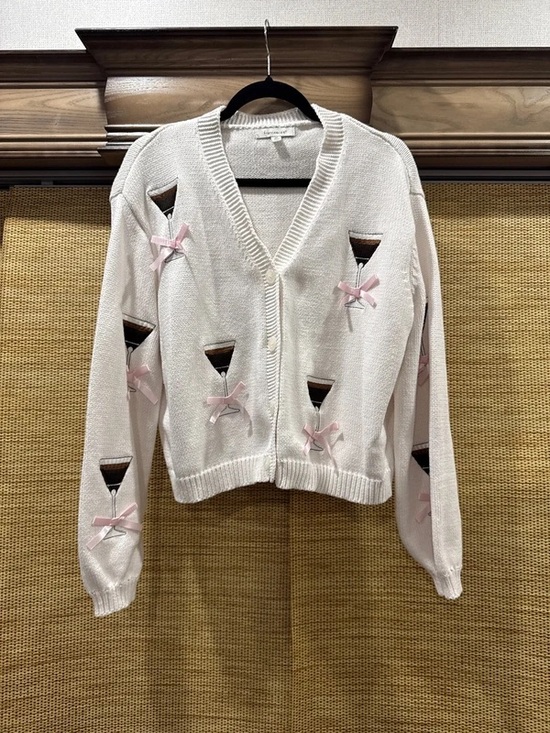 Francesca's Collections Sweaters - Francesca's Collections Cream Knit Cardigan with Pink Bow & Cocktail Motifs